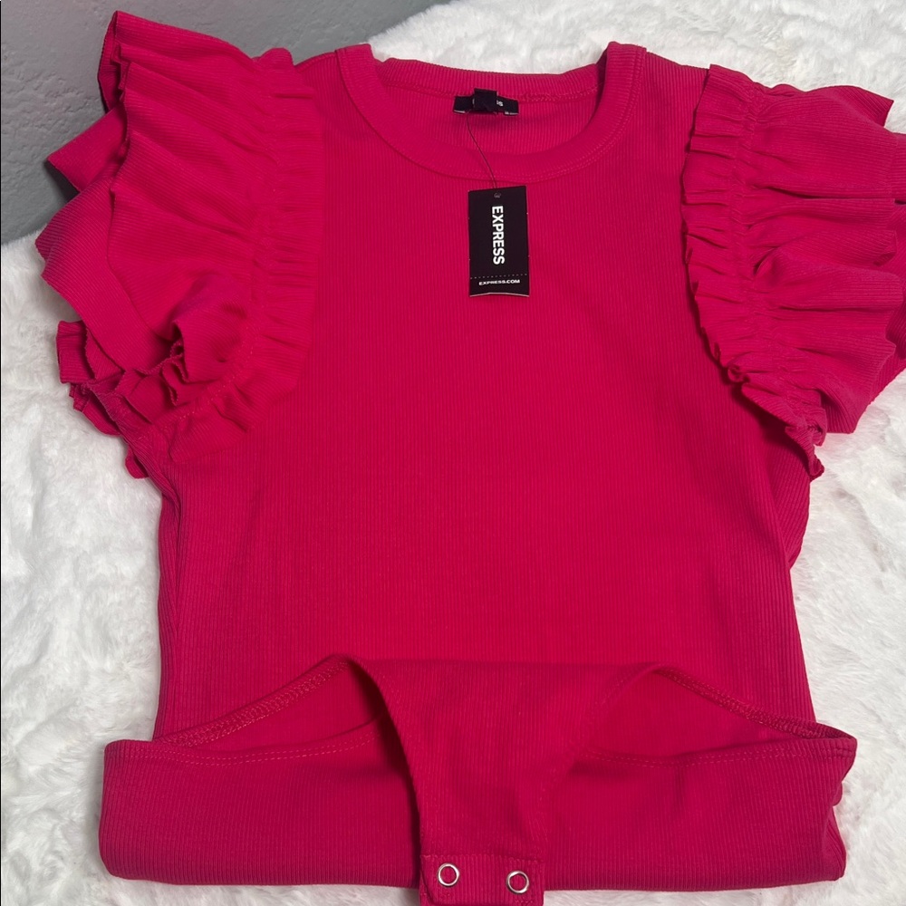 Express Hot Pink Ruffle Sleeve Ribbed Bodysuit Women’s size Small